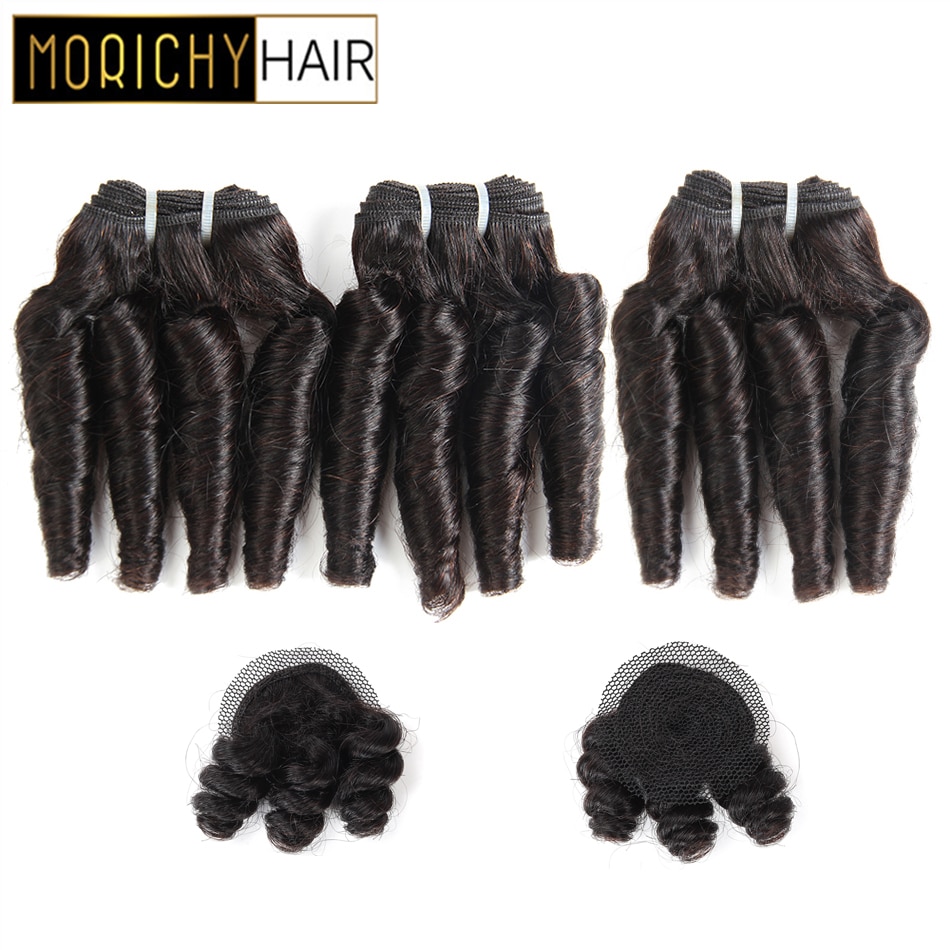 Morichy Hair Bouncy Curly Bundles With Crown Closure Brazilian Double Drawn Short-cut Weft  Non-Remy Black Human Hair For Women
